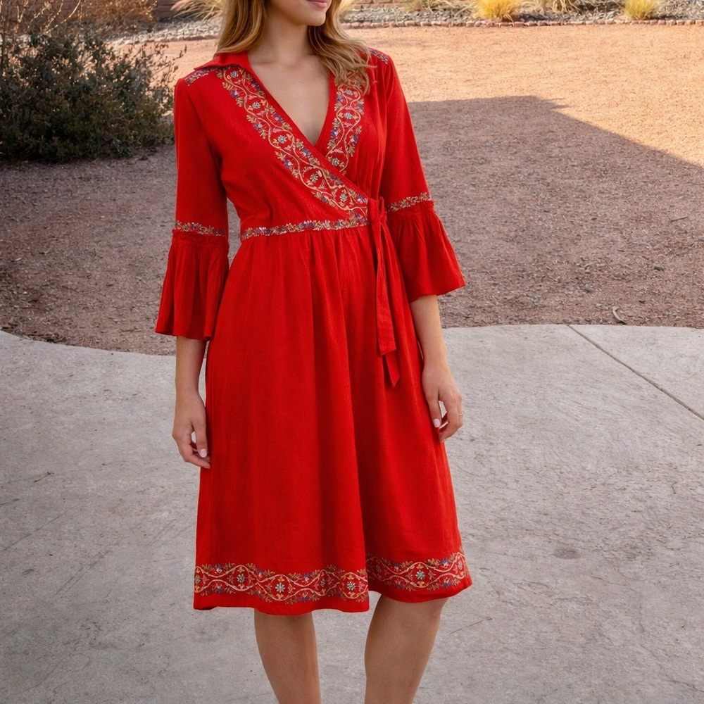 Vintage Y2K Flamenco Orange-Red Embroidered Dress – Labeled XL (Runs Small)